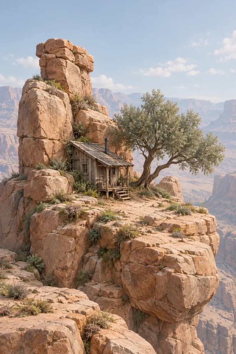 A sandstone cabin and tree with a cutaway revealing polygon faces, edges and vertices beneath the textures